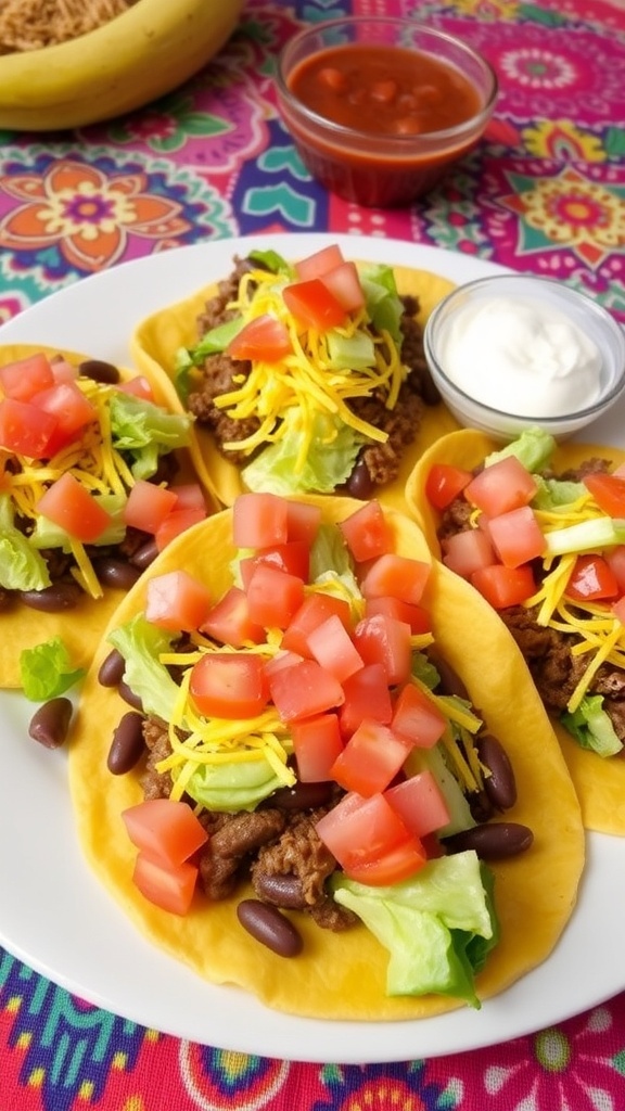 Beef tostadas with refried beans, lettuce, tomatoes, and cheese on a colorful table.